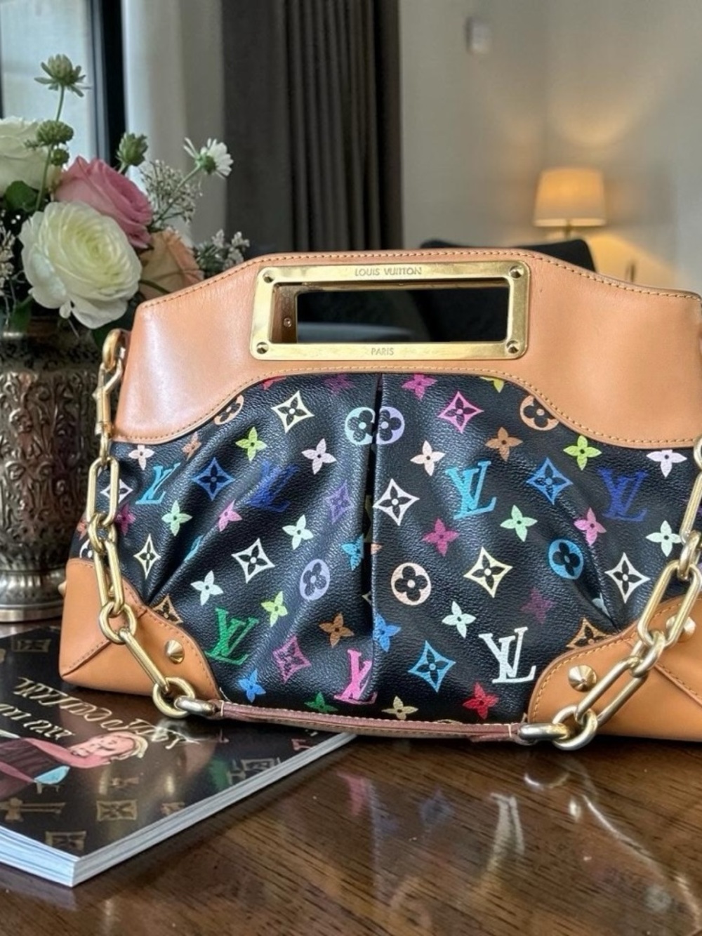 Louis Vuitton Black Multicolor Monogram Shoulder Bag with Tan Trim